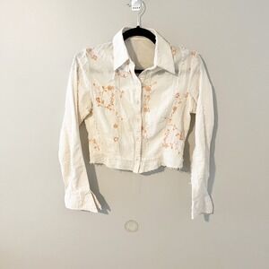 Annie USA White Raw Seam Floral Embroidered Cropped Cotton Shirt cowgirl small